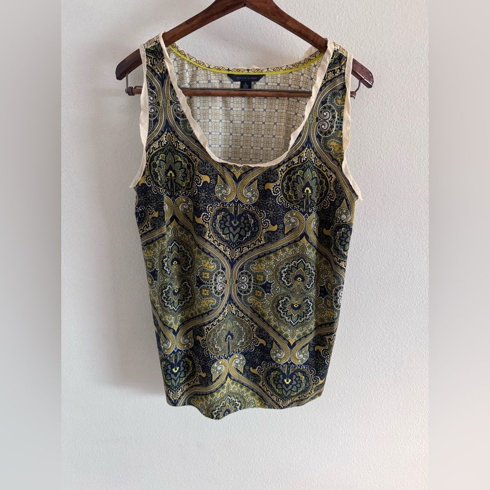 Tommy Hilfiger Top Womens XL Green Batik Print Sleeveless Scoop Neck Ruffle Boho